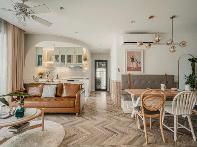 鱼骨拼多层实木地板打造的轻奢风案例